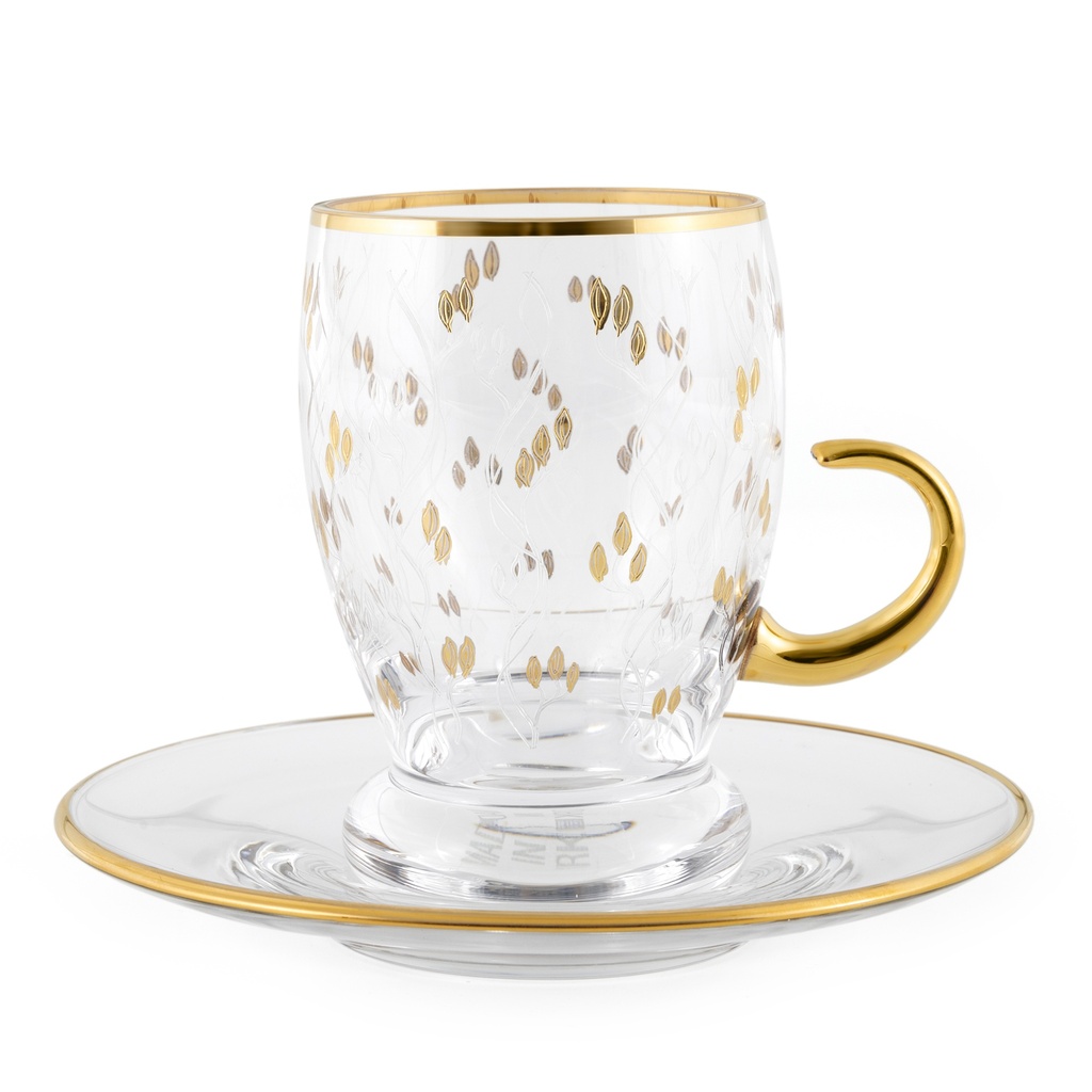 Gold Leaves Tea Cup Glass Handle Set - 12pcs