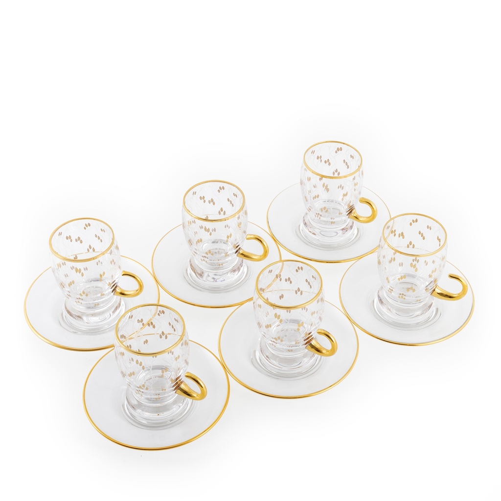 Gold Leaves Tea Cup Glass Handle Set - 12pcs