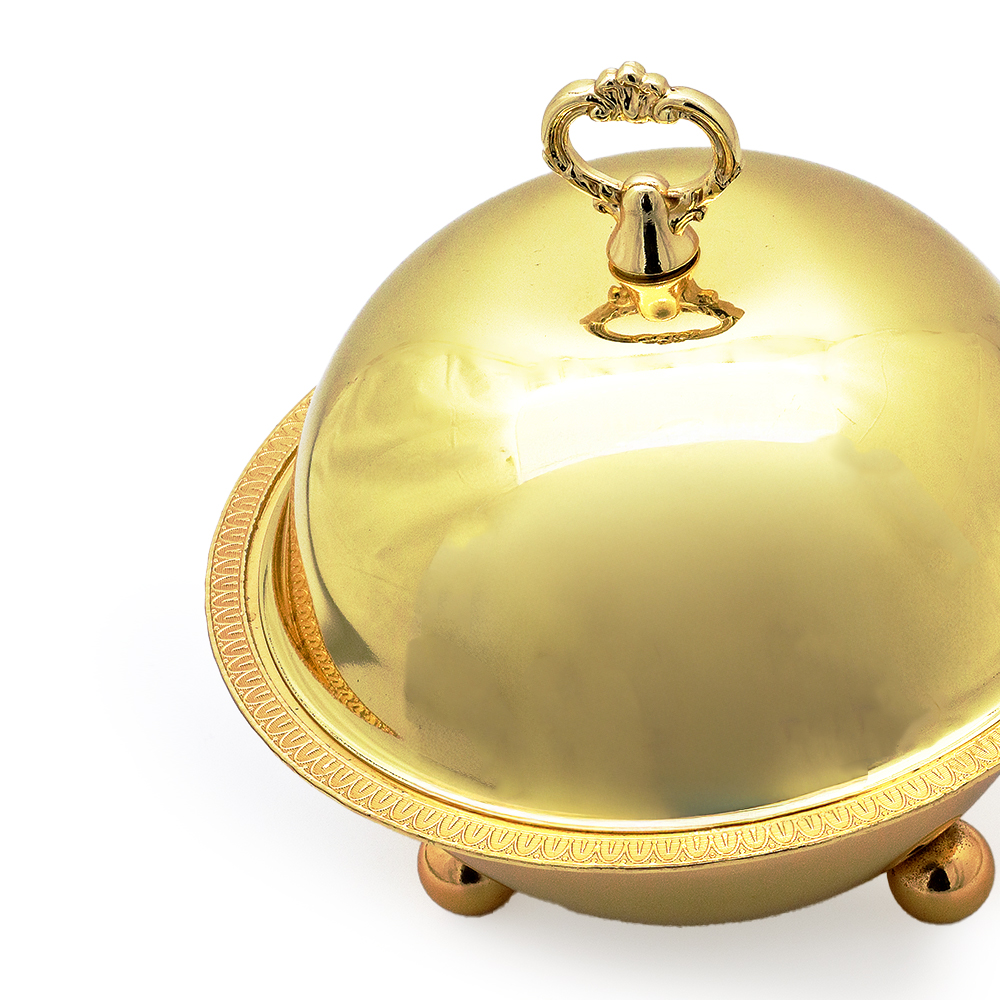 Gold Round Bowl With Bead Feet & Cover