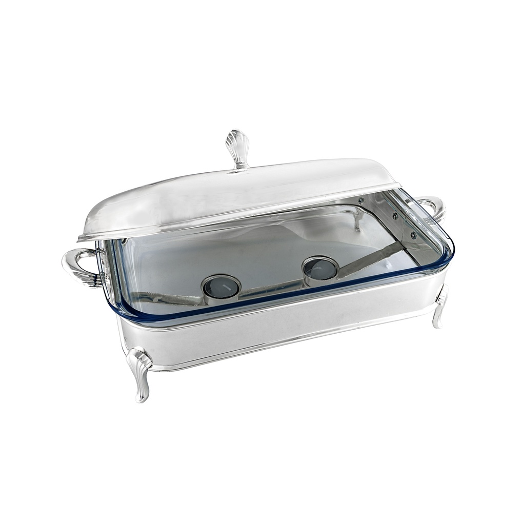 Iron silver color plated 3qt. rectangle chafing dish with glass liner 