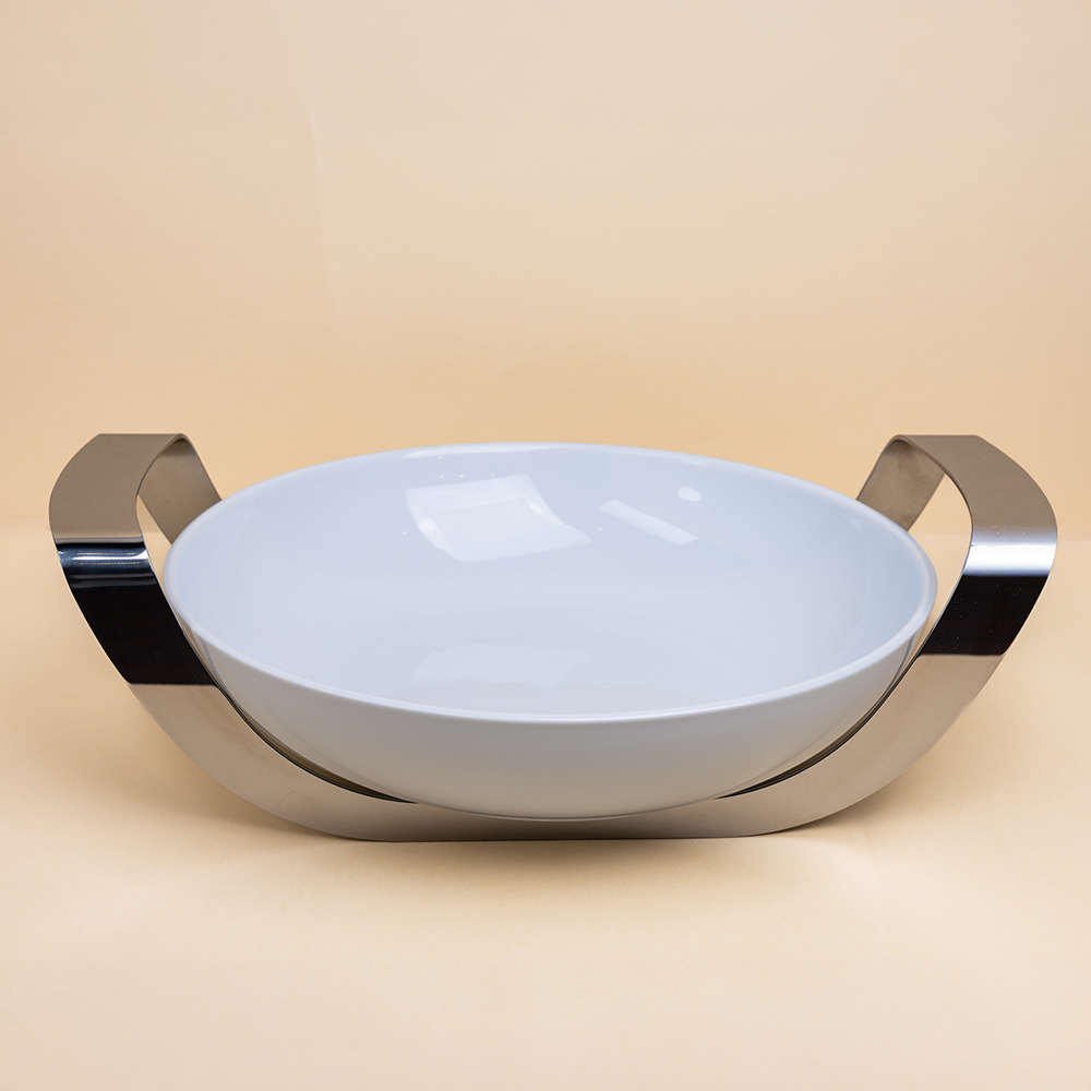 Round dish Ø 28 cm h. 6 with stainless steel holder cm 36x28 h. 11