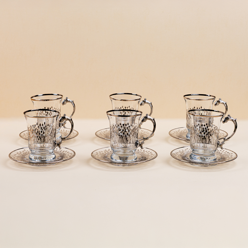 6 pcs.tea cup set 491 (metal handle-decorated glass plate)