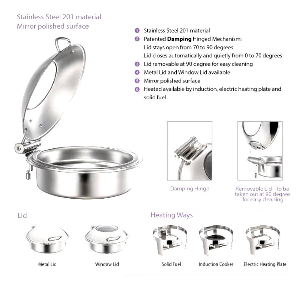 Round Chafing Dish Mech. Damping 6Ltr Cover Glass