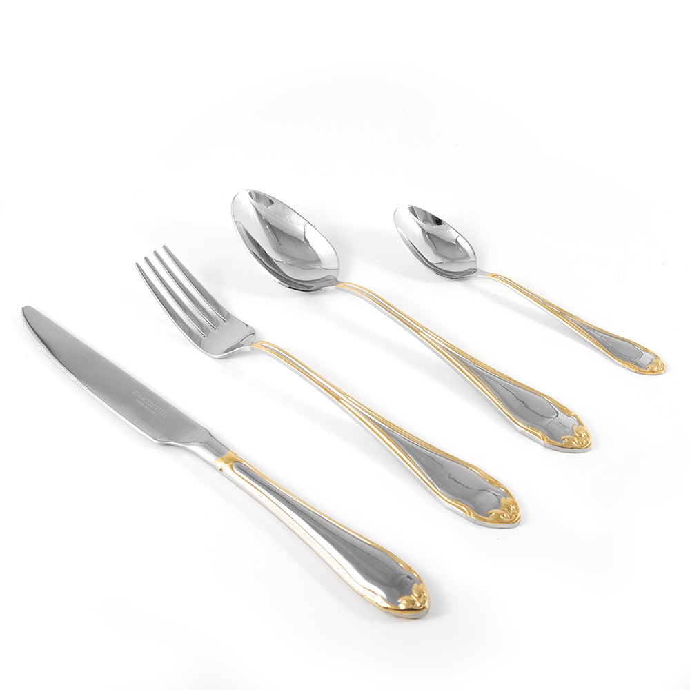 Flower Embellished Gold PVC Cutlery Set with Stand - 24pcs