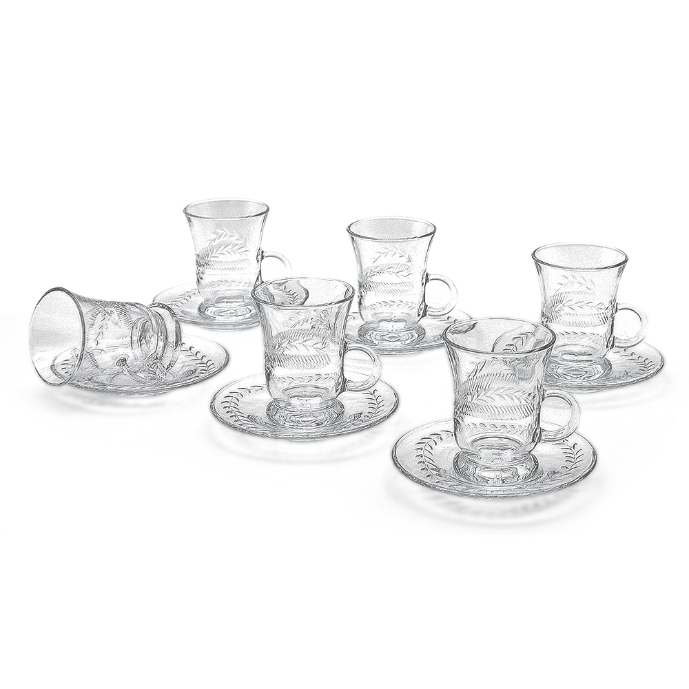 Engraved Glass Tea Cup Set - 12pcs