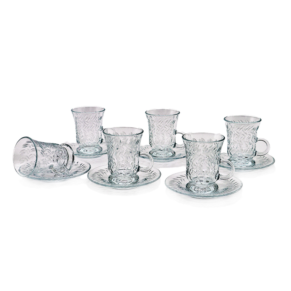 Clear Engraved Glass Tea Cup Set - 12pcs