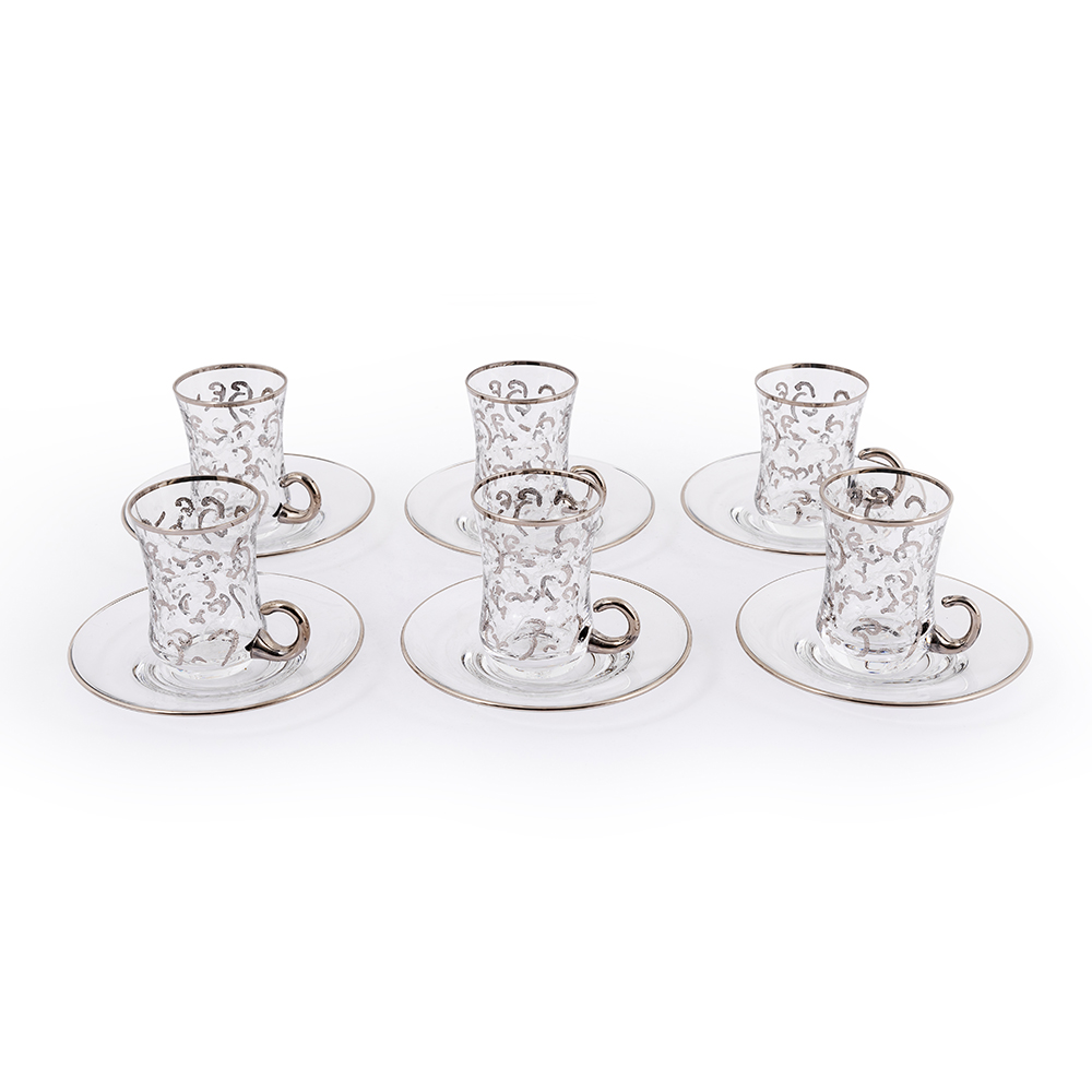 Tea Cup 6-Piece Set with Glass Handles- Silver
