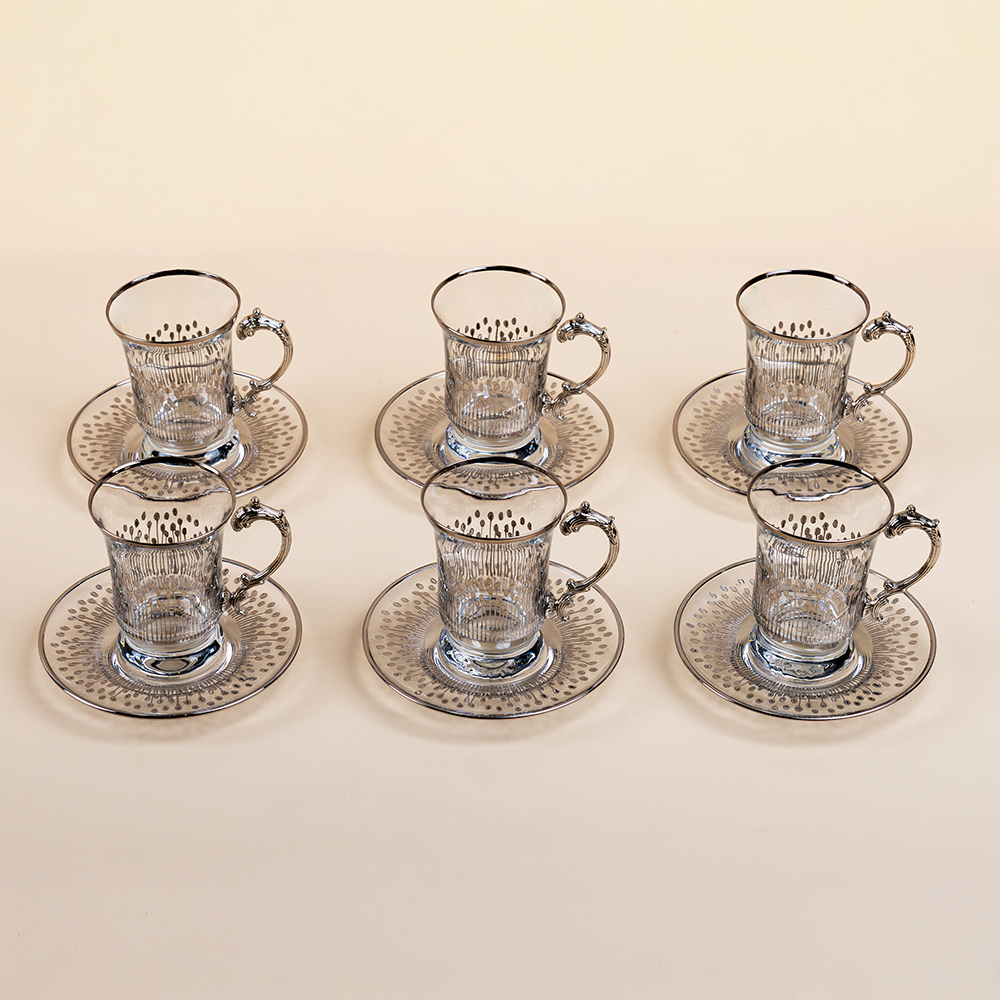 Glass Tea Cup Set with Metal Handles - 12pcs