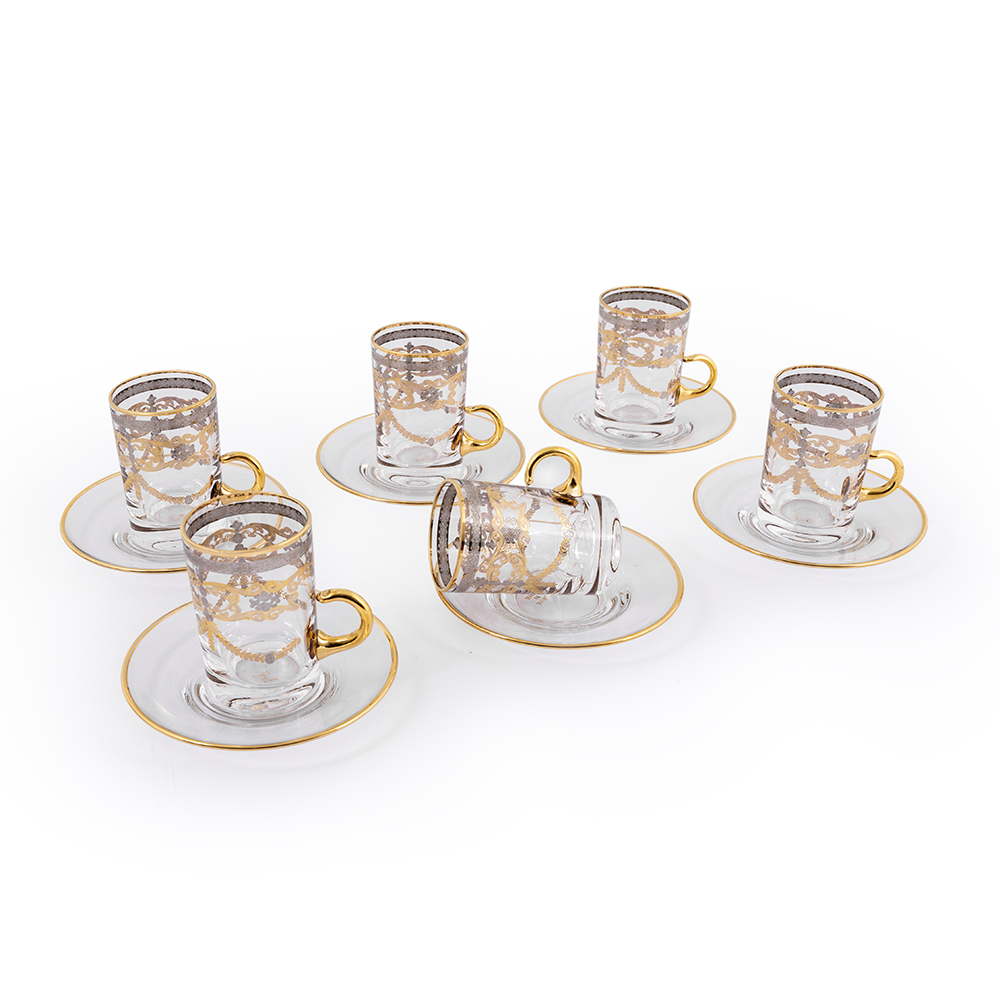 Glass 6-Piece Tea Cup Set with Metal Handles - Model 516