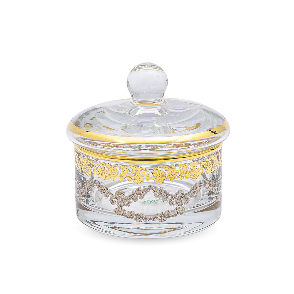 Glass Sugar Bowl with Gold & Silver Pattern