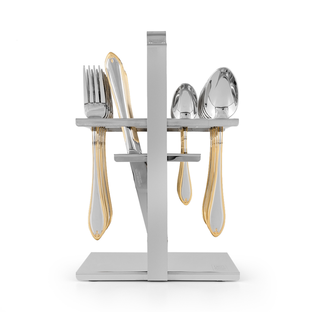 Flower Embellished Gold PVC Cutlery Set with Stand - 24pcs