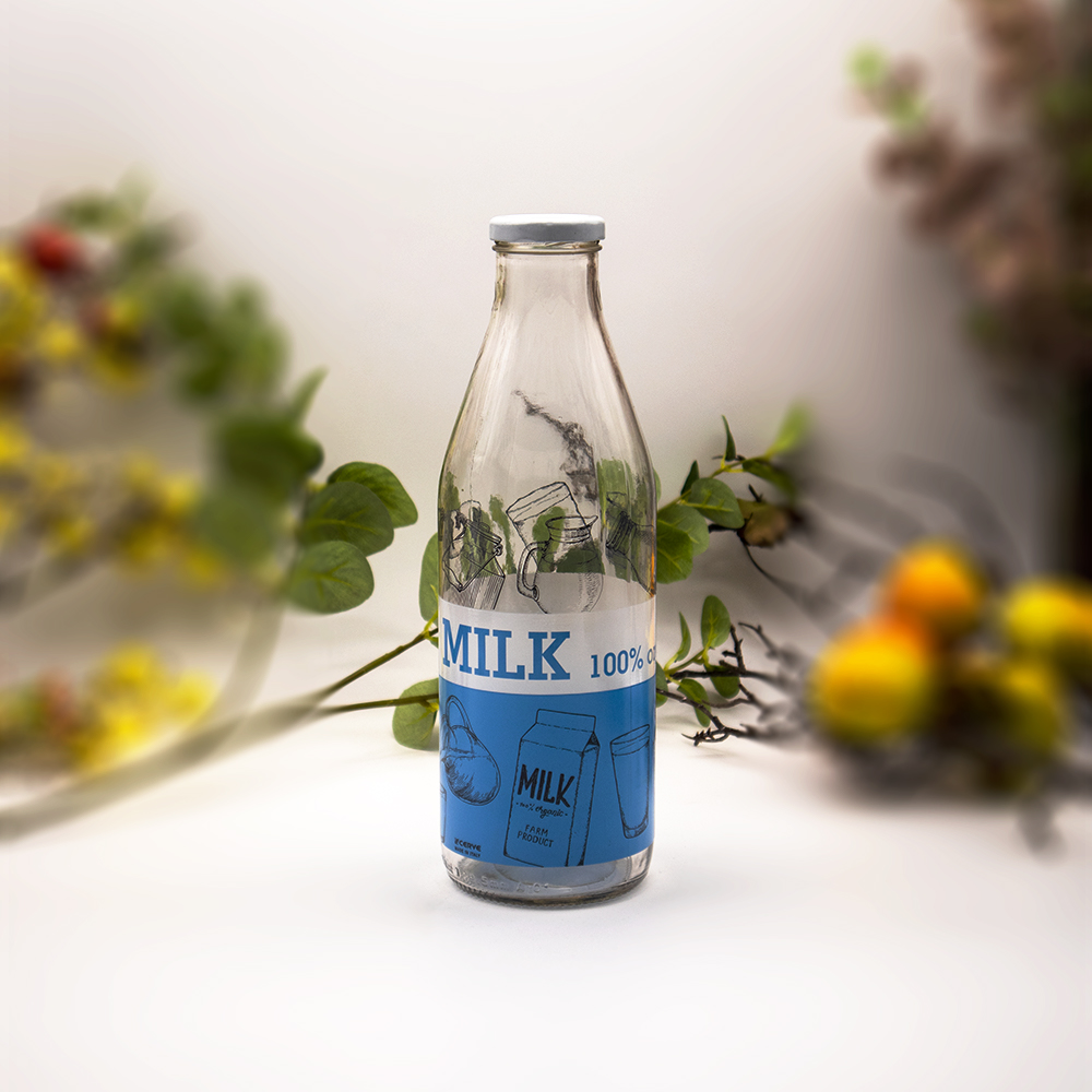 Blue Glass Milk Bottle with Lid - 1Ltr