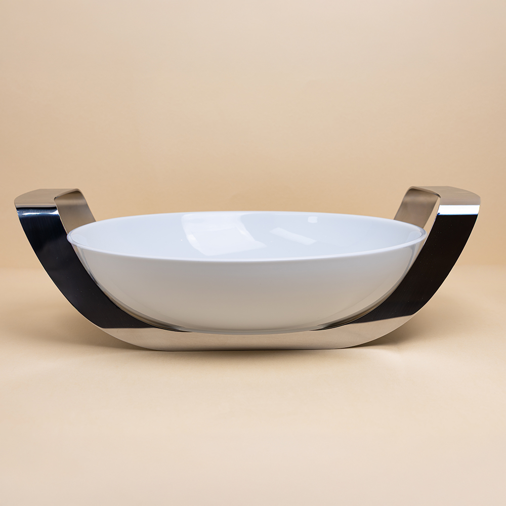 Round Porcelain Serving Dish with Stainless Steel Holder - 28×36cm