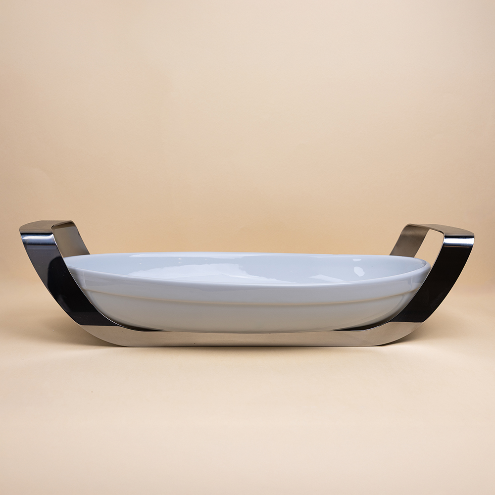 Oval Porcelain Serving Dish with Stainless Steel Holder - 45x24cm
