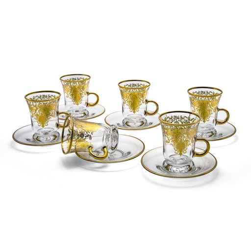 طقم فناجين شاي زجاجي منقوش ذهبي - 12 قطعة