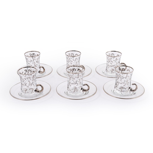 Tea Cup 6-Piece Set with Glass Handles- Silver