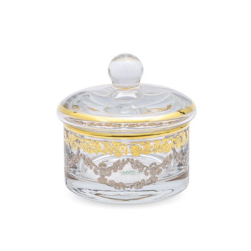 Glass Sugar Bowl with Gold & Silver Pattern