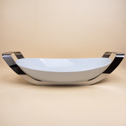 Oval Porcelain Serving Dish with Stainless Steel Holder - 35x25.5cm